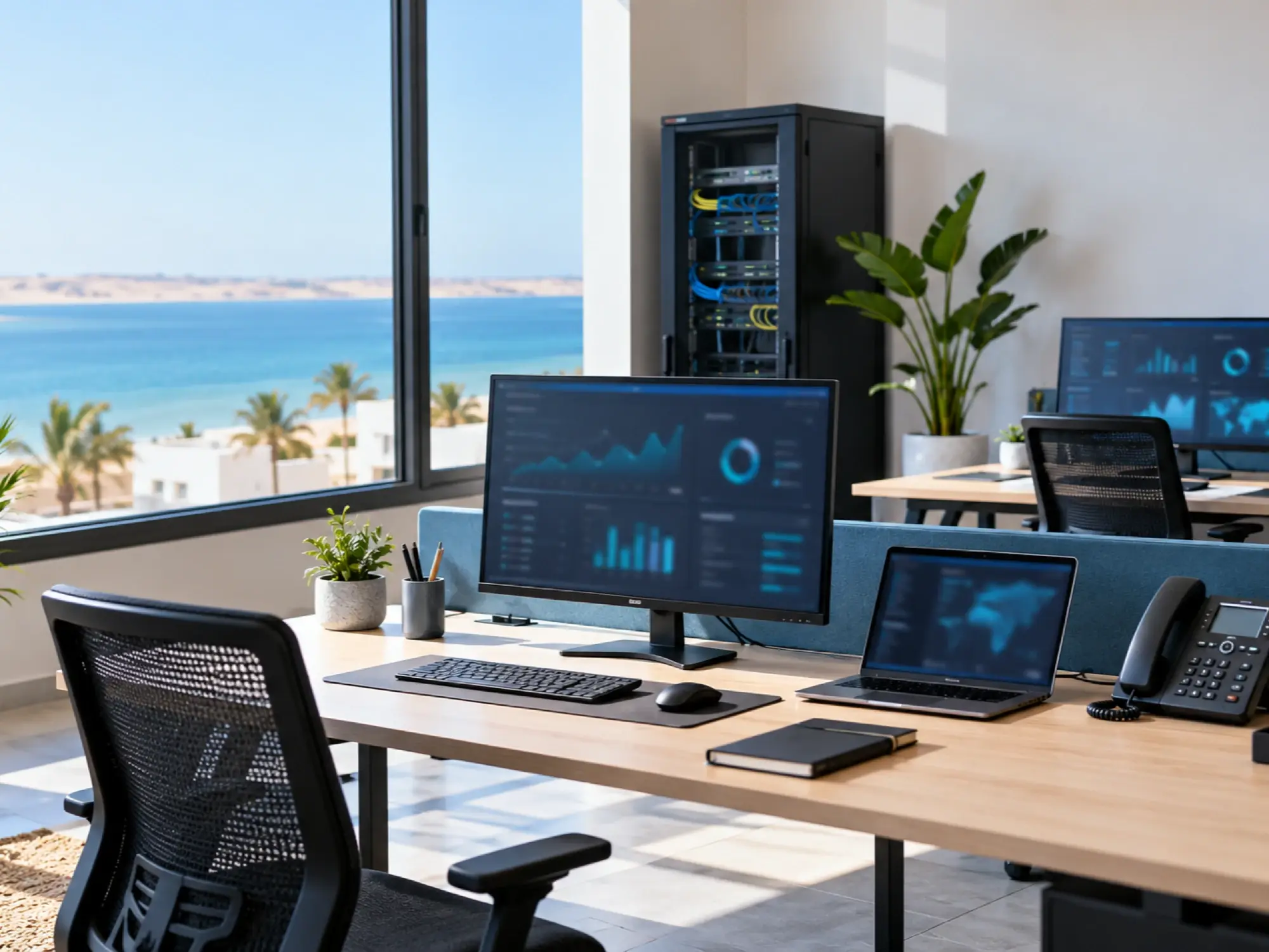 Bureau de travail lumineux d'Atlanode avec postes et écrans de supervision
