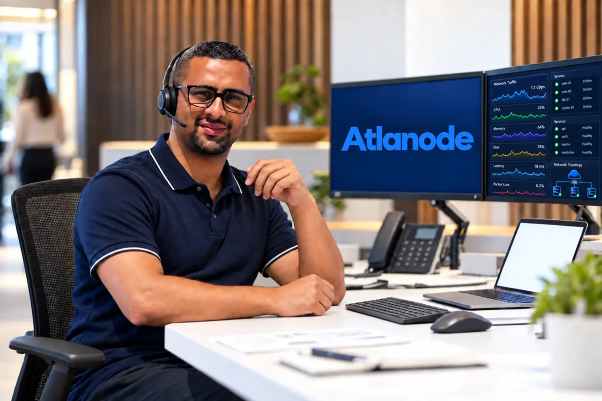 Un membre de l'équipe Atlanode, casque sur les oreilles, assis à un poste avec deux écrans de supervision