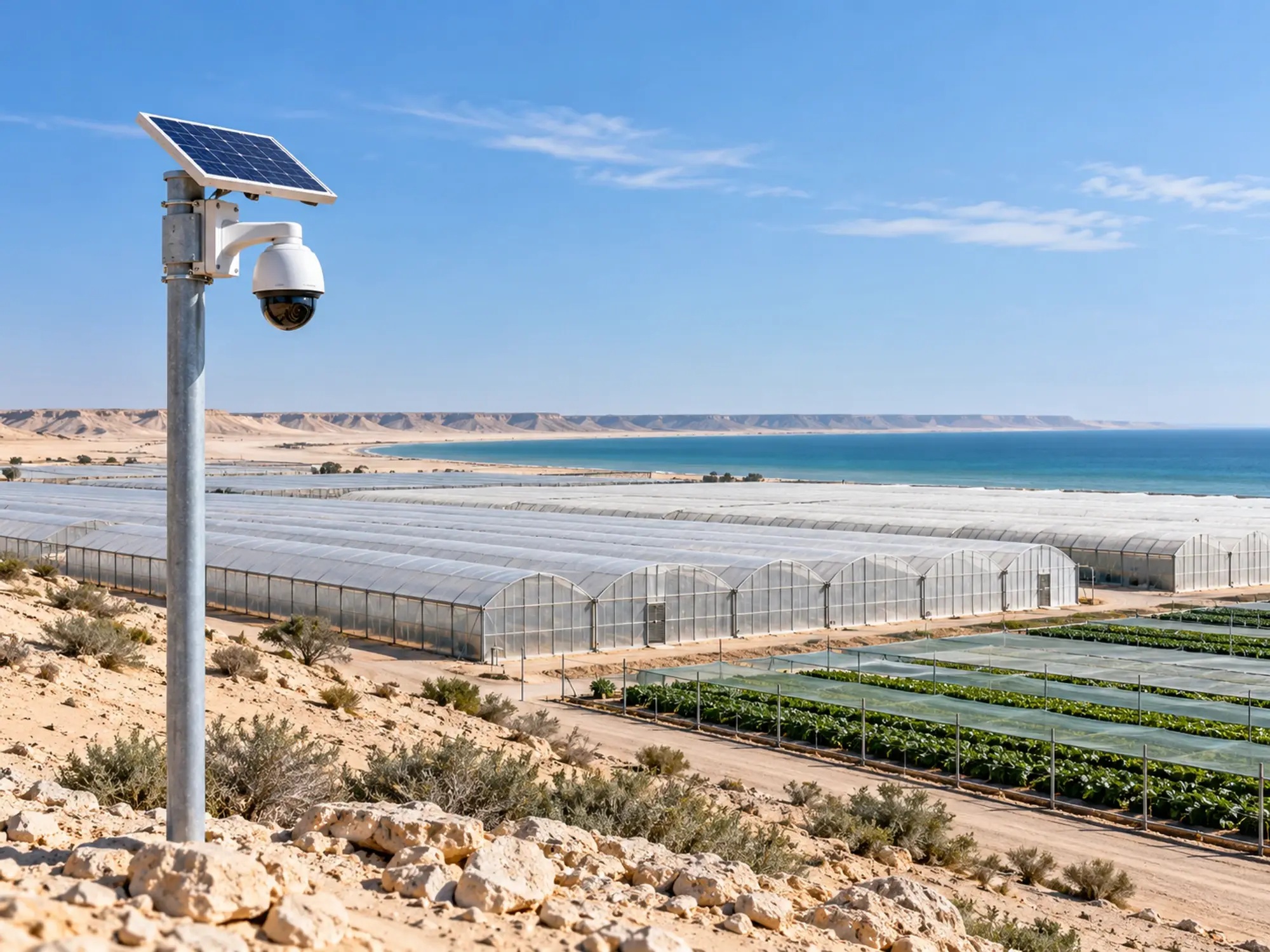 Serres agricoles dans le désert avec une caméra de surveillance alimentée par panneau solaire