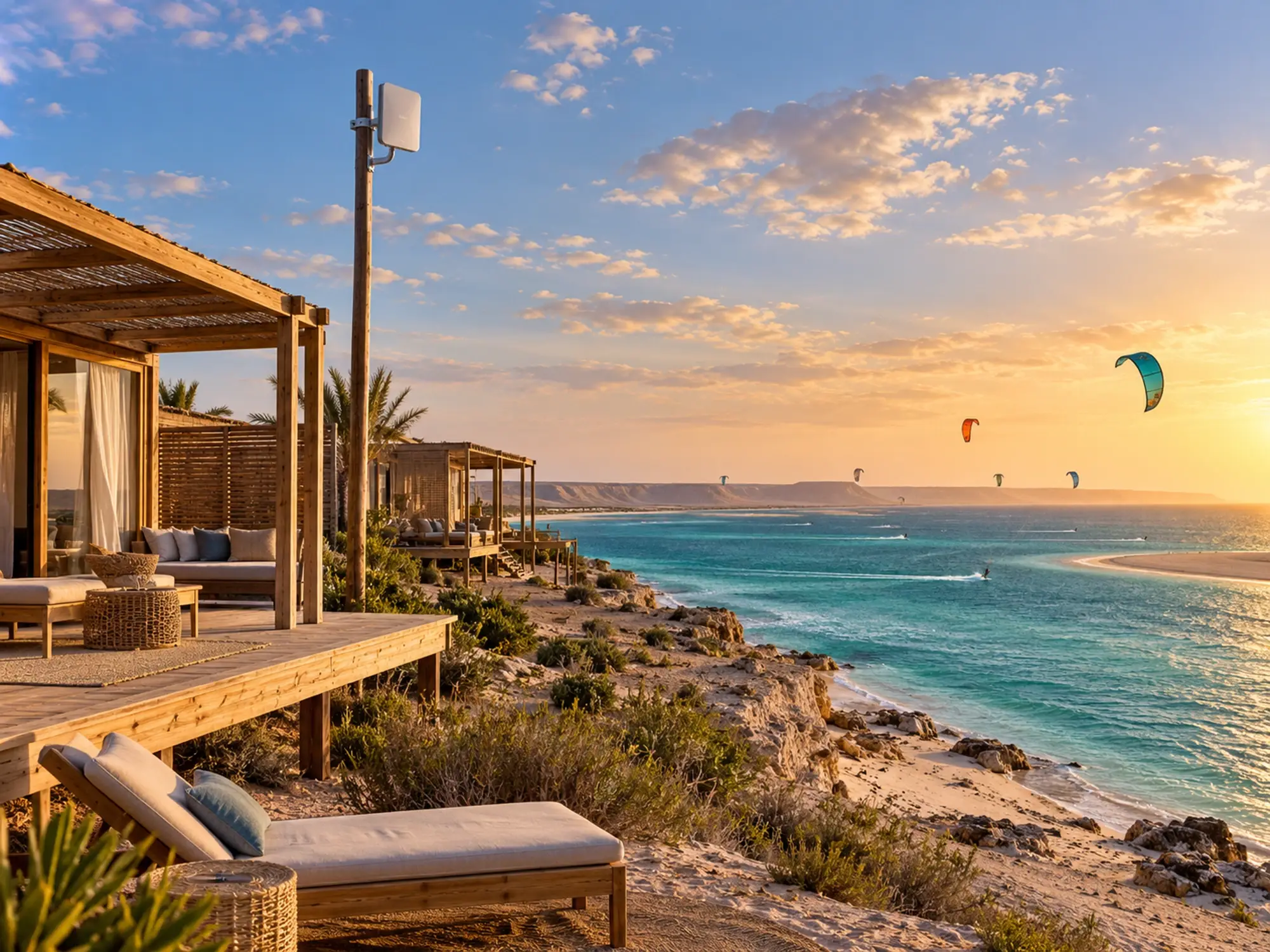Camp de kitesurf face au lagon avec bungalows et antennes Wi-Fi discrètes