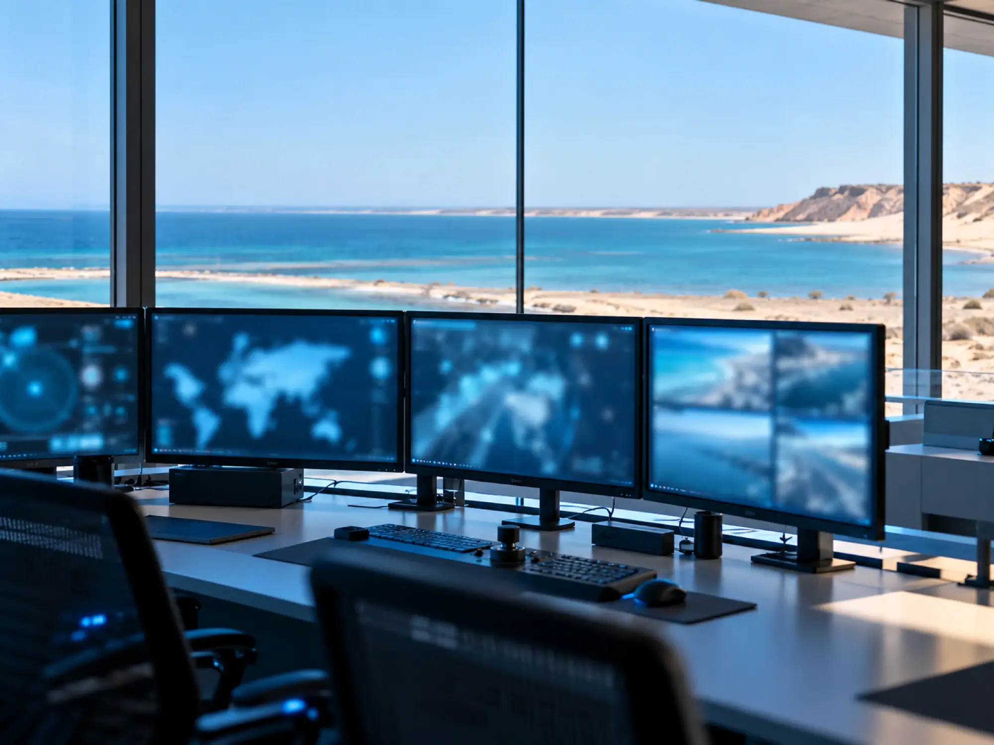 Poste de supervision avec écrans flous bleu nuit