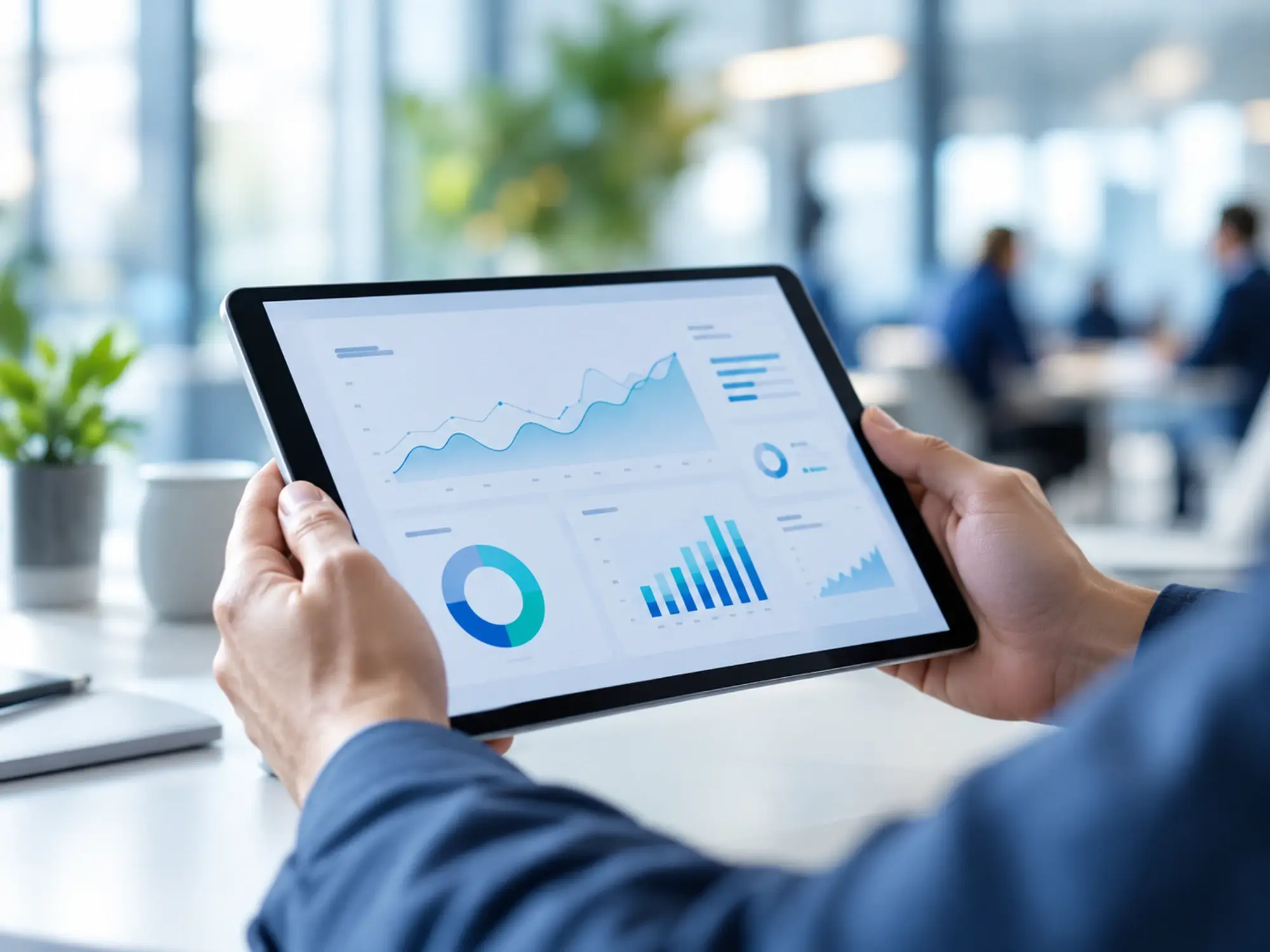 Mains tenant une tablette affichant un tableau de bord flou