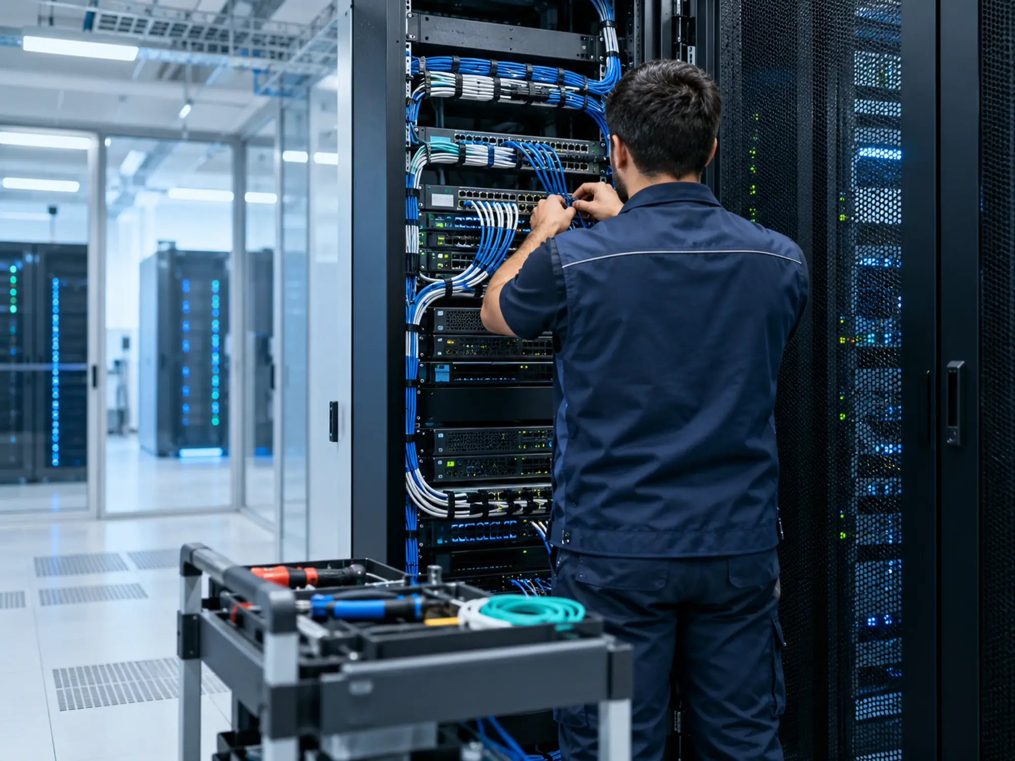 Technicien en gilet intervenant sur une baie informatique, vu de dos