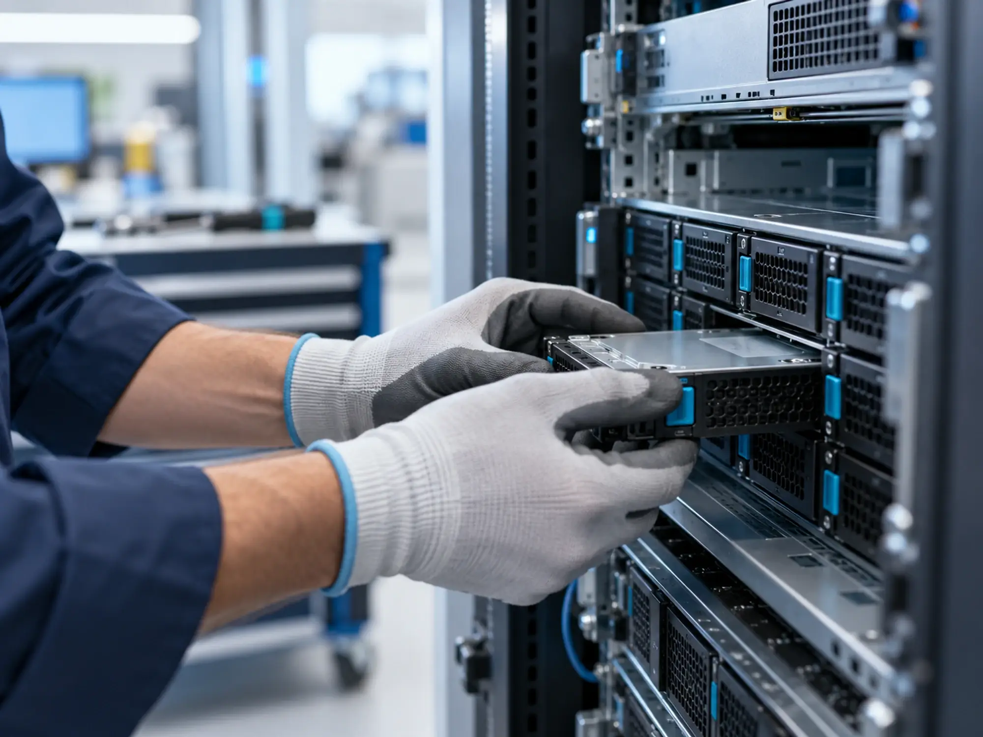 Mains installant un disque dans un serveur