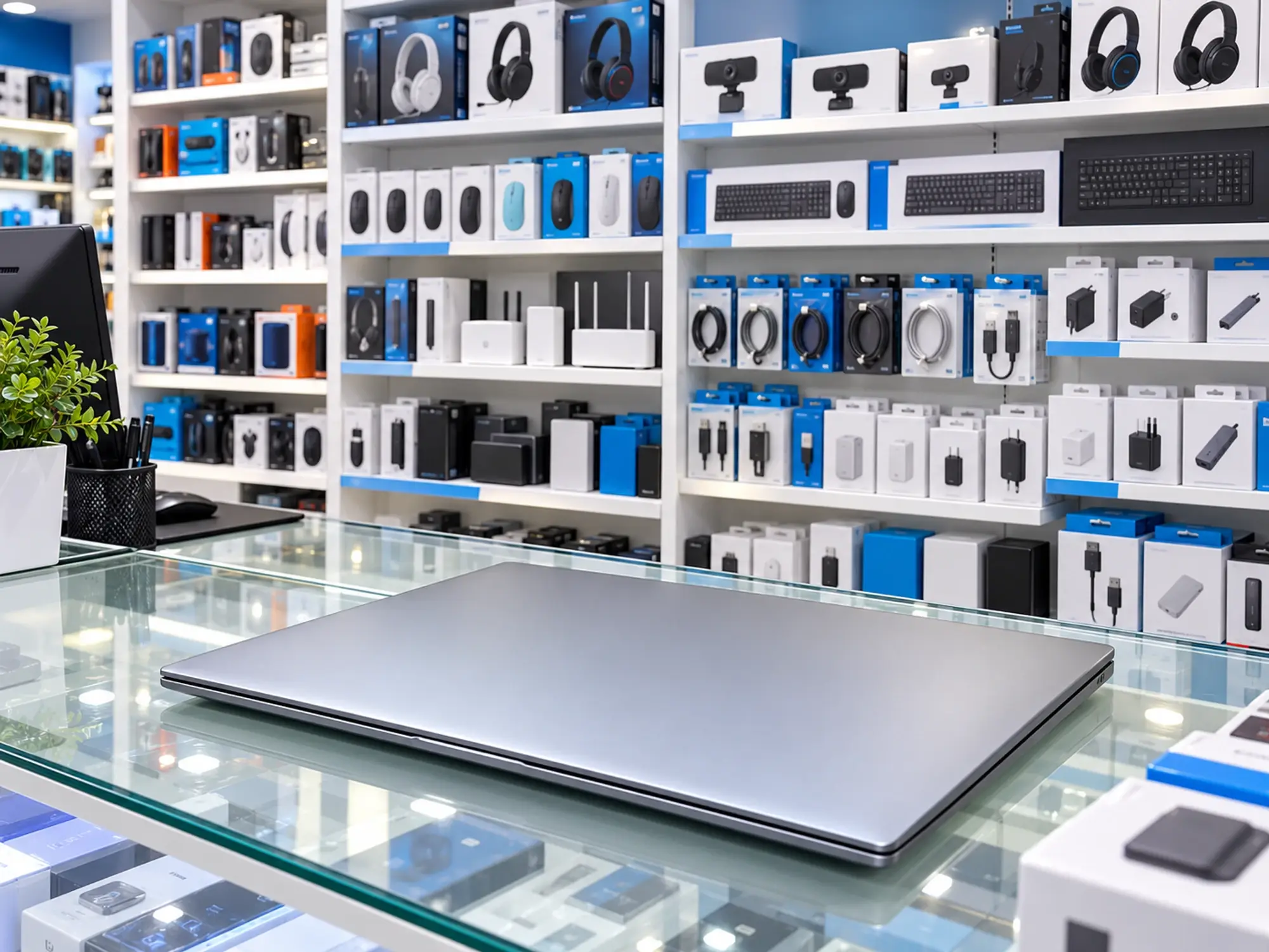 Ordinateur portable professionnel présenté sur le comptoir d'un magasin informatique