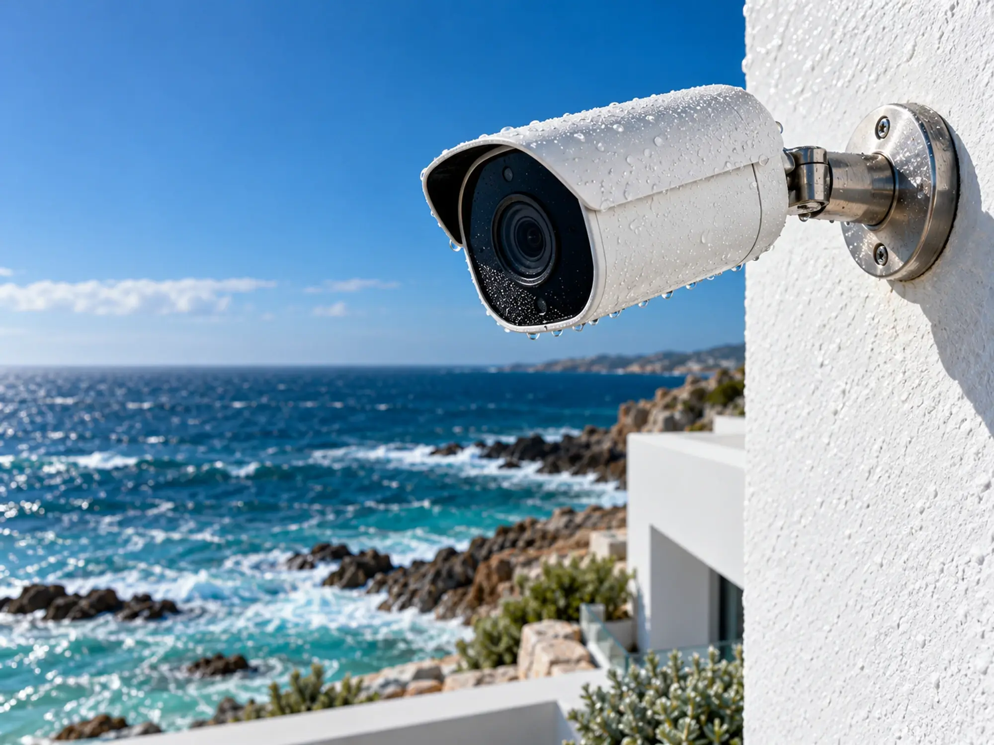 Caméra de vidéosurveillance étanche installée sur une façade blanche en bord de mer