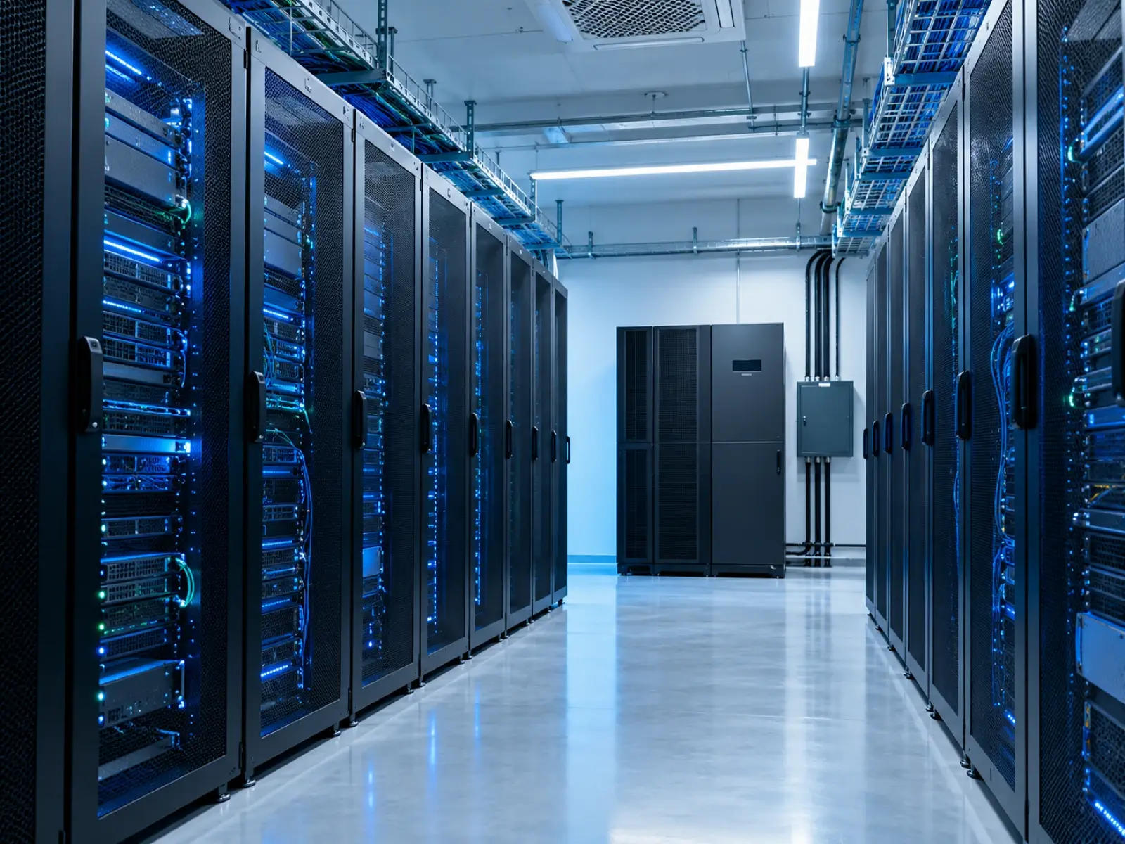 Allée de serveurs avec éclairage bleu froid