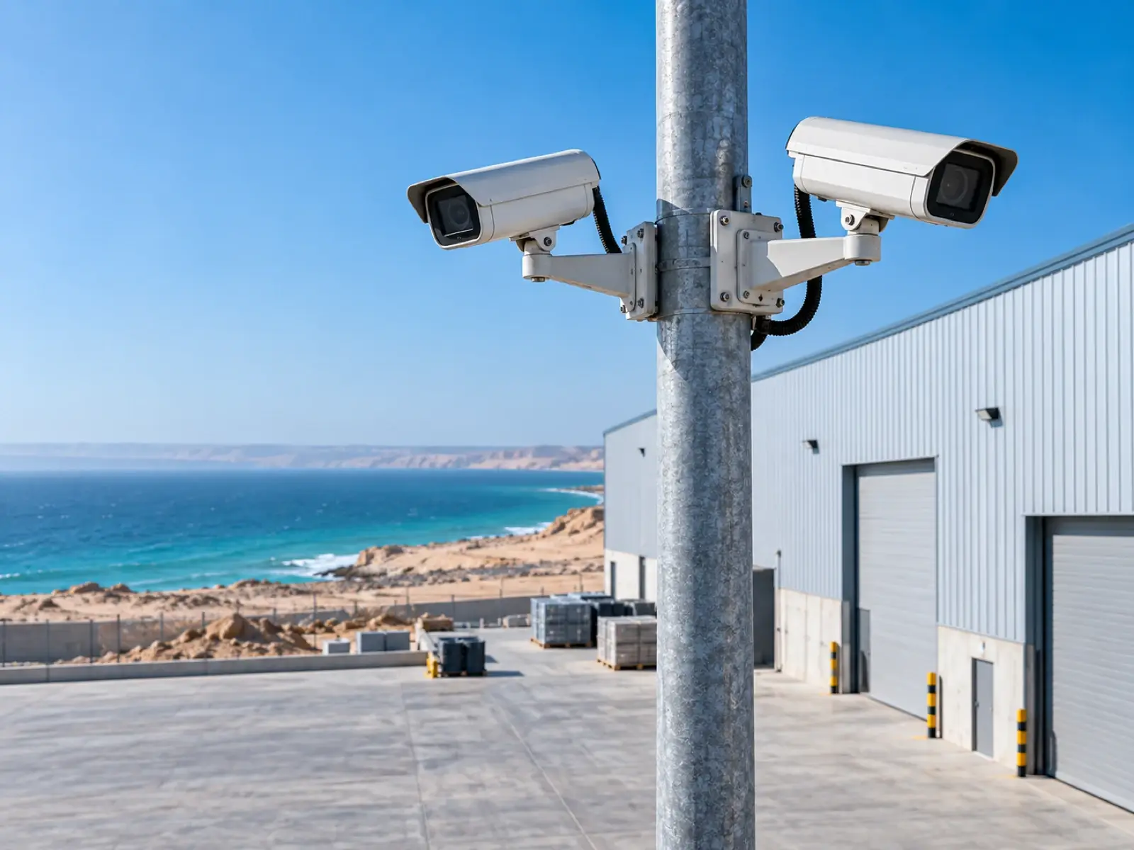 Caméras de surveillance étanches sur un mât devant un entrepôt côtier